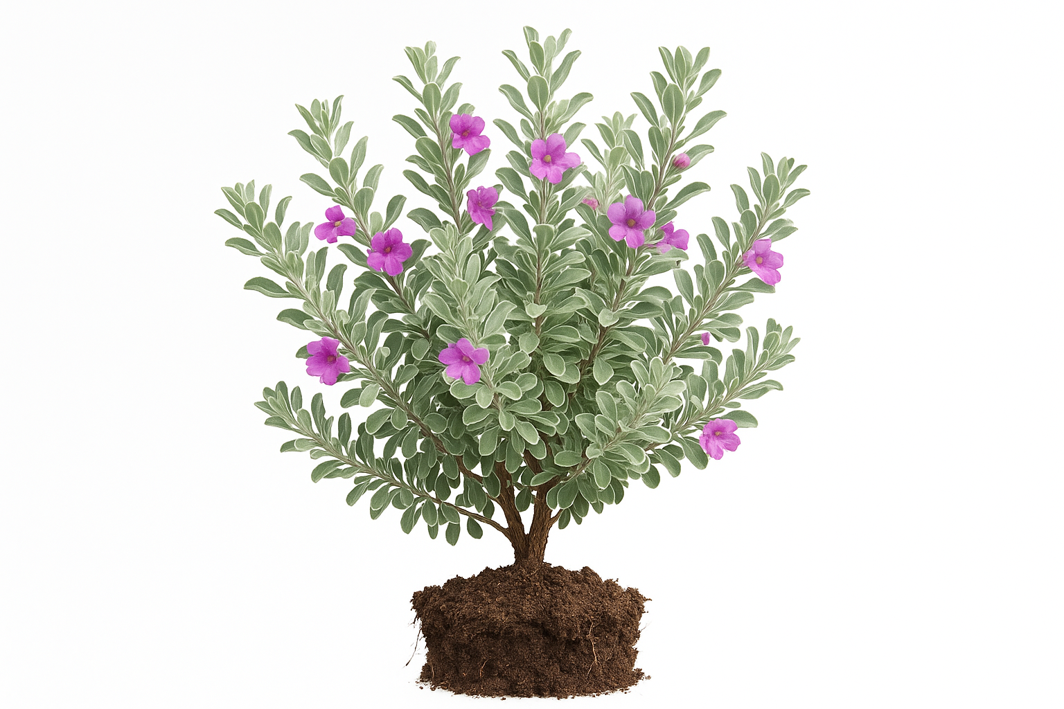 sage Mexican bush Show the entire, mature plant upright with true-to-type, healthy foliage, and in a small clump of natural soil. Use a solid, clean white background in a high-detail, fresh botanical catalog style for an online store.
