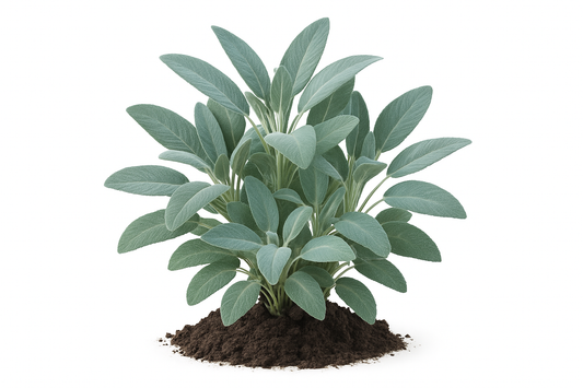 sage new dimension blue Show the entire, mature plant upright with true-to-type, healthy foliage, and in a small clump of natural soil. Use a solid, clean white background in a high-detail, fresh botanical catalog style for an online store.
