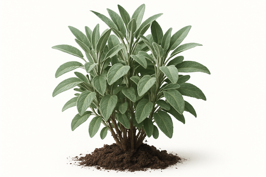 sage new dimension snow hill Show the entire, mature plant upright with true-to-type, healthy foliage, and in a small clump of natural soil. Use a solid, clean white background in a high-detail, fresh botanical catalog style for an online store.

