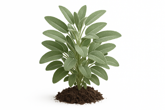 Sage Show the entire, mature plant upright with true-to-type, healthy foliage, the edible part visible, and in a small clump of natural soil. Use a solid, clean white background in a high-detail, fresh botanical catalog style for an online store.
Also show a close-up of the mature edible part (such as fruit, leaf, head, or flower) alone, on the same solid white background with accurate color, texture, and premium, fresh-picked appearance.
