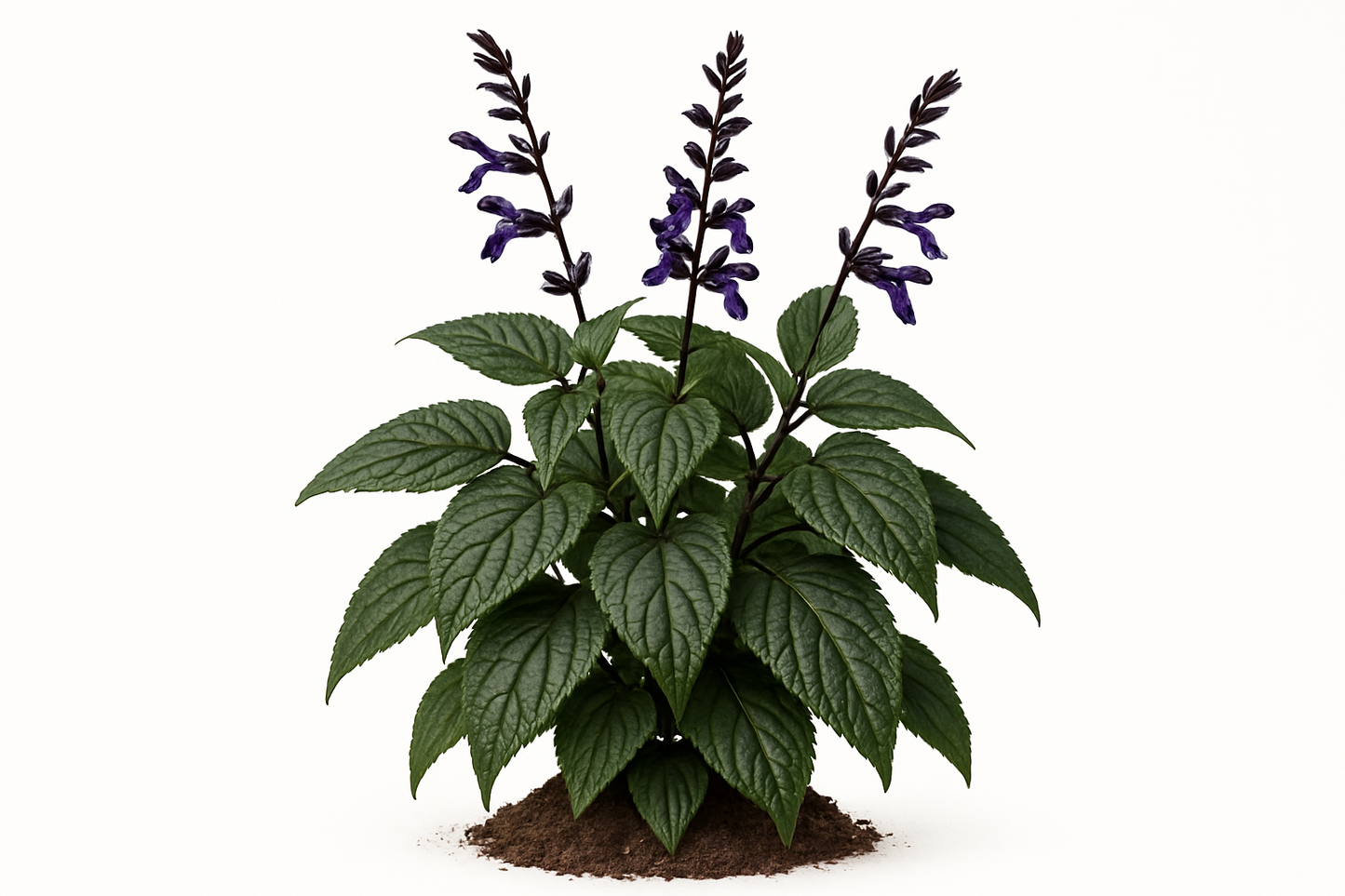 salvia black & bloom Show the entire, mature plant upright with true-to-type, healthy foliage, and in a small clump of natural soil. Use a solid, clean white background in a high-detail, fresh botanical catalog style for an online store.