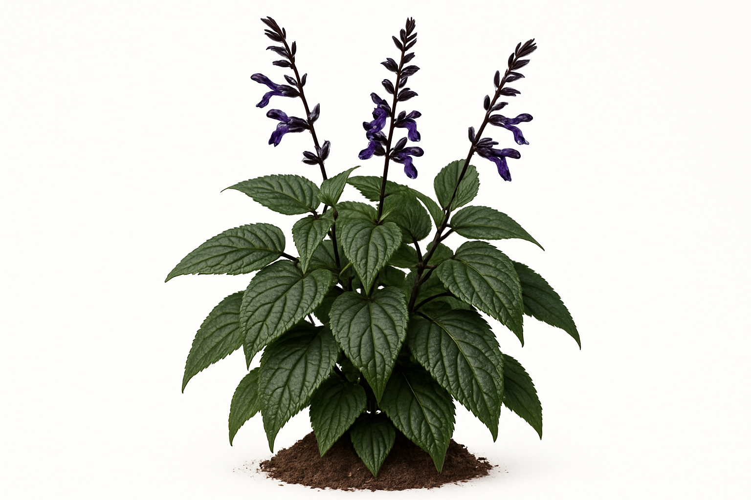 salvia black & bloom Show the entire, mature plant upright with true-to-type, healthy foliage, and in a small clump of natural soil. Use a solid, clean white background in a high-detail, fresh botanical catalog style for an online store.