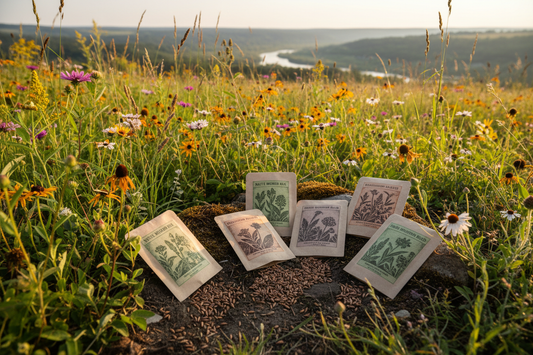 Seed packets arranged in a natural landscape setting with native grasses and wildflowers, soft outdoor lighting, ecological restoration aesthetic, earthy textures, calm and purposeful composition