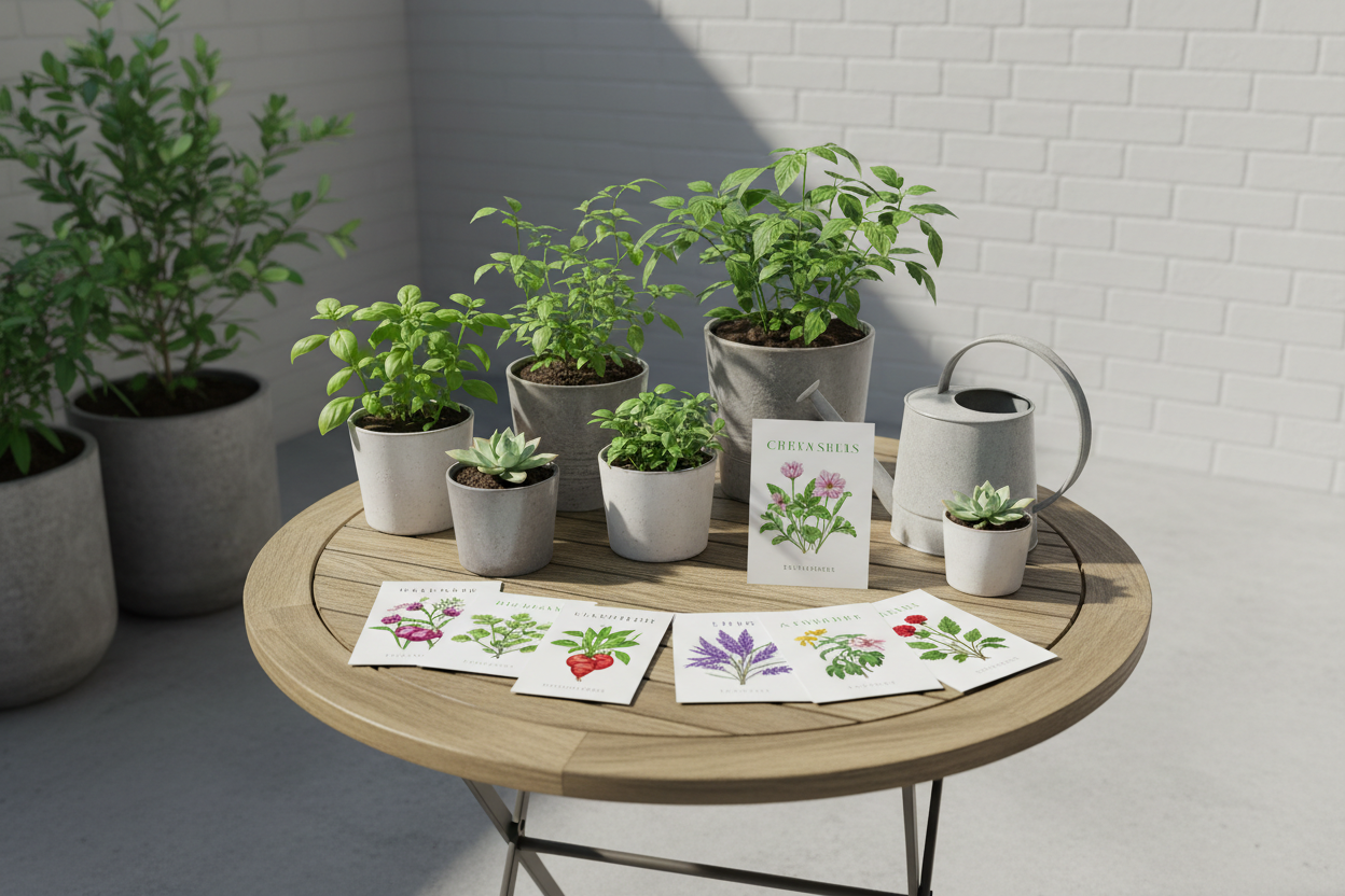 Seed packets arranged on a small patio table with potted plants, containers visible, bright natural light, urban gardening aesthetic, clean and modern, neutral background, no brand logos”