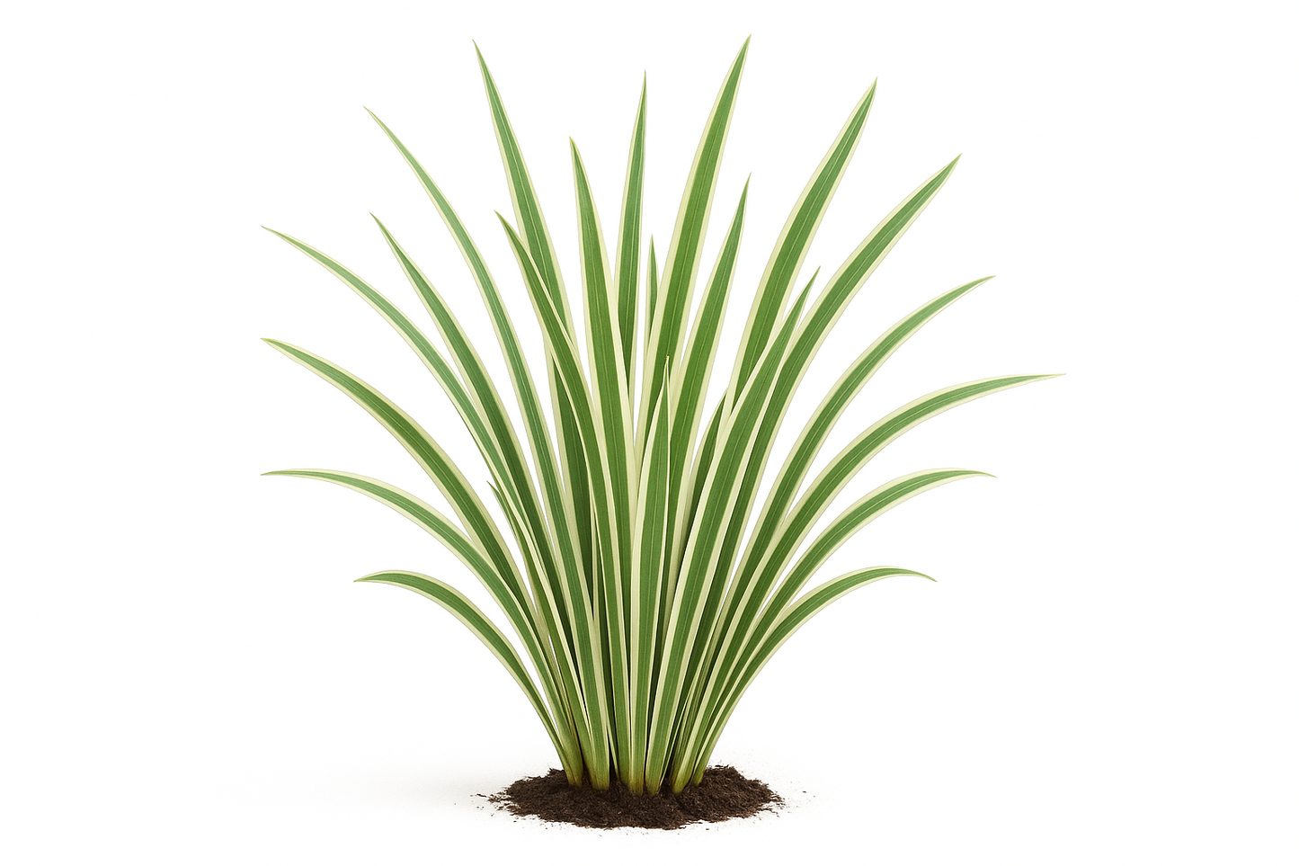 society garlic variegated Show the entire, mature plant upright with true-to-type, healthy foliage, and in a small clump of natural soil. Use a solid, clean white background in a high-detail, fresh botanical catalog style for an online store.
