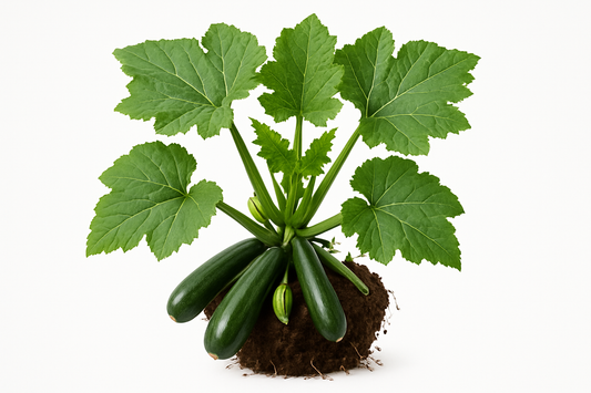 Squash Zucchini Show the entire, mature plant upright with true-to-type, healthy foliage, the edible part visible, and in a small clump of natural soil. Use a solid, clean white background in a high-detail, fresh botanical catalog style for an online store.
Also show a close-up of the mature edible part (such as fruit, leaf, head, or flower) alone, on the same solid white background with accurate color, texture, and premium, fresh-picked appearance.
