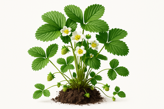strawberry fresca Show the entire, mature plant upright with true-to-type, healthy foliage, and in a small clump of natural soil. Use a solid, clean white background in a high-detail, fresh botanical catalog style for an online store.