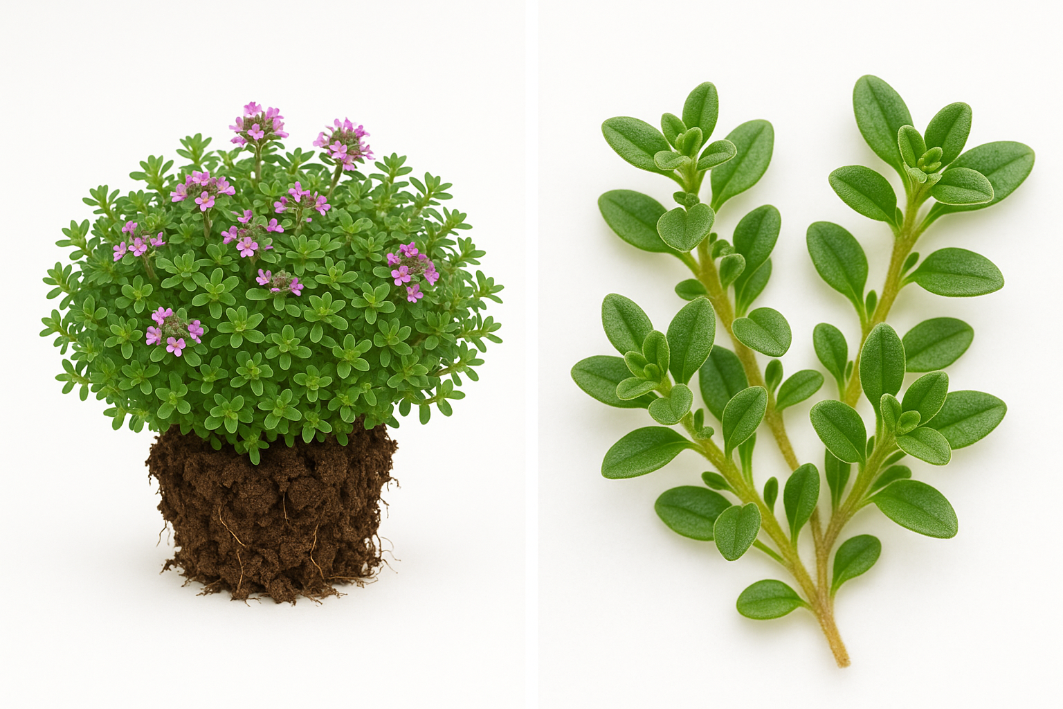Thyme Elfin Show the entire, mature plant upright with true-to-type, healthy foliage, the edible part visible, and in a small clump of natural soil. Use a solid, clean white background in a high-detail, fresh botanical catalog style for an online store.
Also show a close-up of the mature edible part (such as fruit, leaf, head, or flower) alone, on the same solid white background with accurate color, texture, and premium, fresh-picked appearance.
