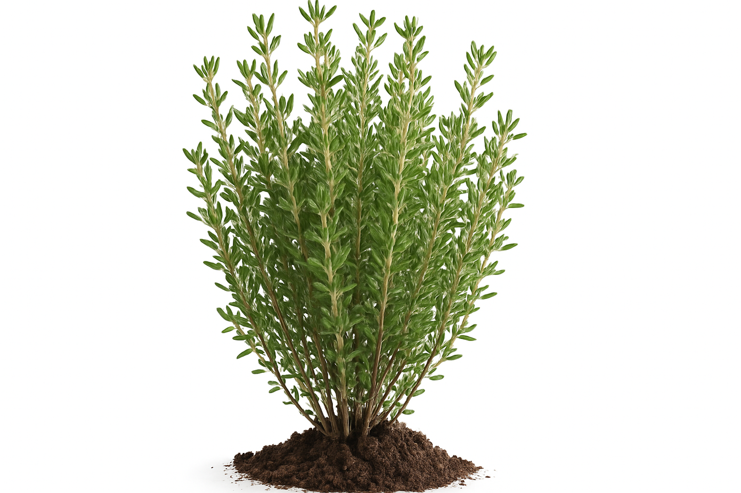 thyme French Show the entire, mature plant upright with true-to-type, healthy foliage, and in a small clump of natural soil. Use a solid, clean white background in a high-detail, fresh botanical catalog style for an online store.
