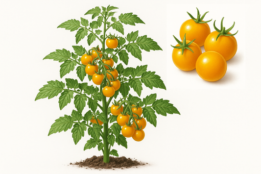 tomato sunsugar Show the entire, mature plant upright with true-to-type, healthy foliage, the edible part visible, and in a small clump of natural soil. Use a solid, clean white background in a high-detail, fresh botanical catalog style for an online store.
Also show a close-up of the mature edible part (such as fruit, leaf, head, or flower) alone, on the same solid white background with accurate color, texture, and premium, fresh-picked appearance.
